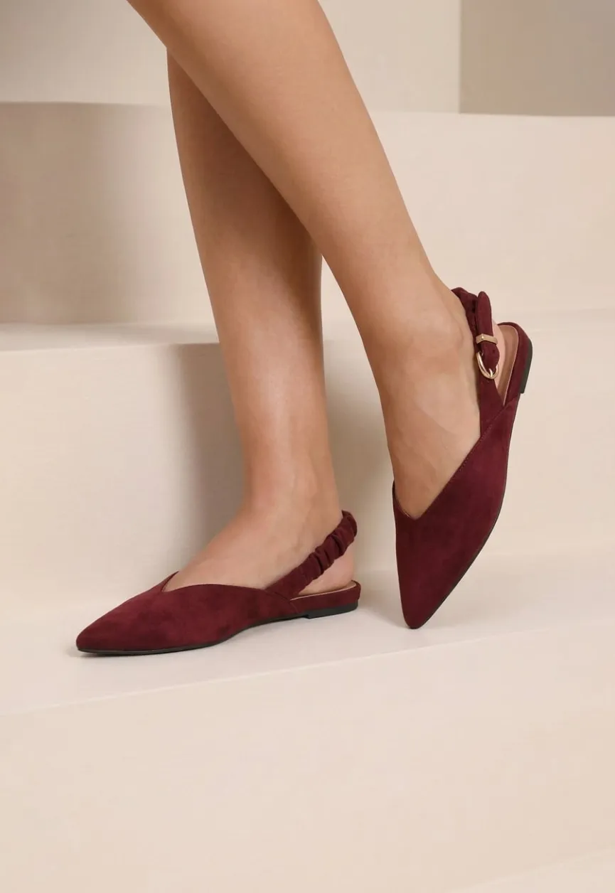 Bordeauxrode Suèdelook Slingback Ballerina's met Puntneus en Gesp