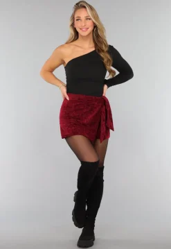 Bordeaux Rode Velours Overslag Skort met Strikdetail