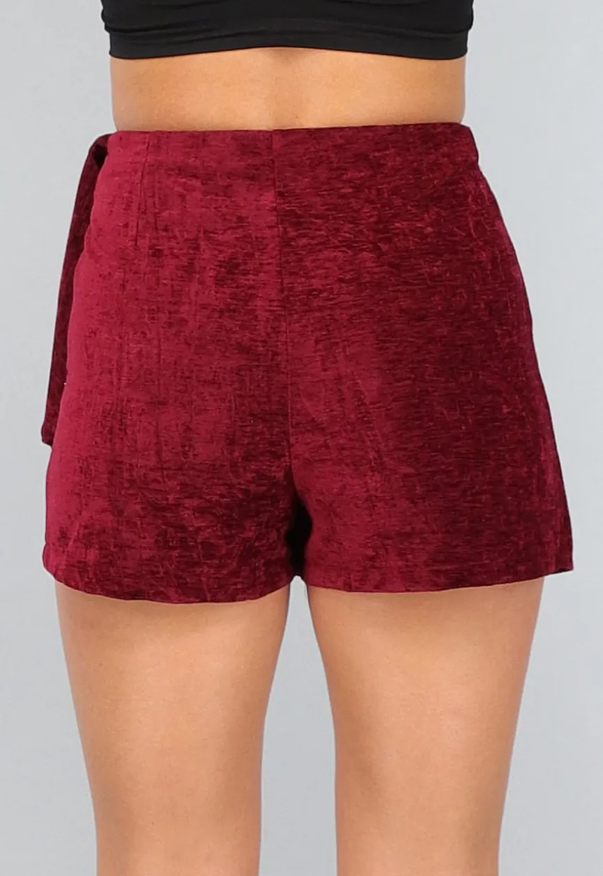 Bordeaux Rode Velours Overslag Skort met Strikdetail