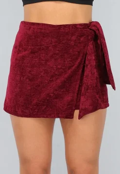 Bordeaux Rode Velours Overslag Skort met Strikdetail