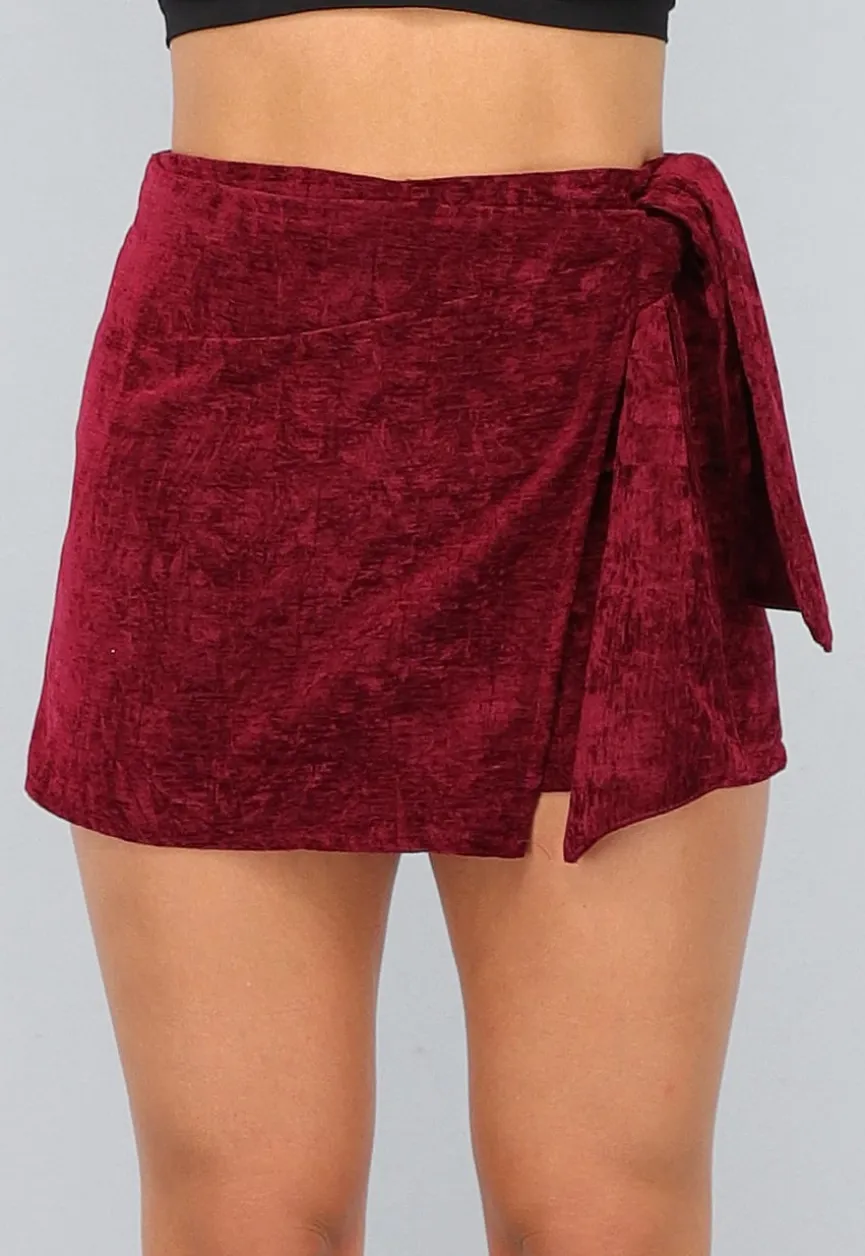Bordeaux Rode Velours Overslag Skort met Strikdetail