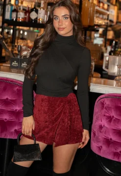 Bordeaux Rode Velours Overslag Skort met Strikdetail
