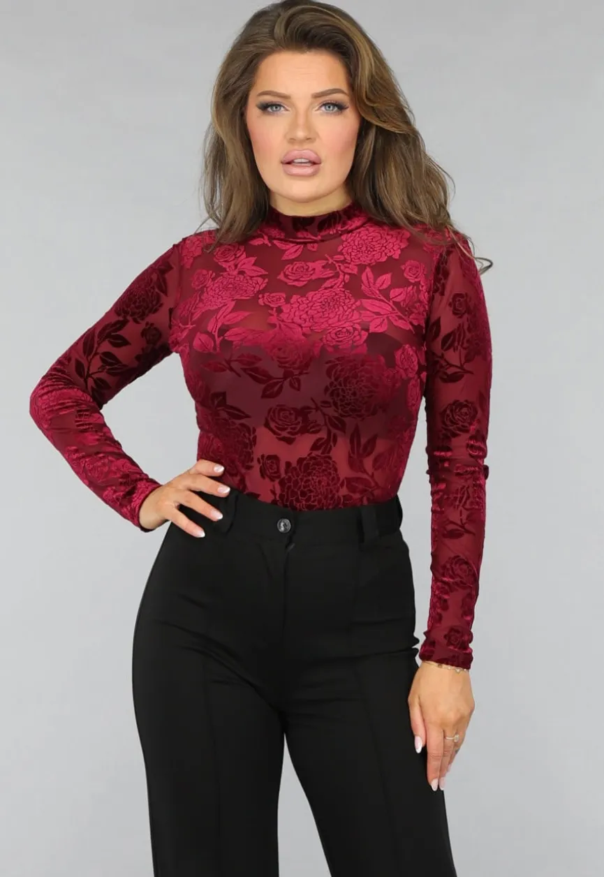 Bordeaux Rode Velvet Bloemen Bodysuit