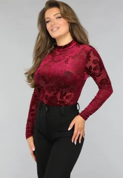 Bordeaux Rode Velvet Bloemen Bodysuit