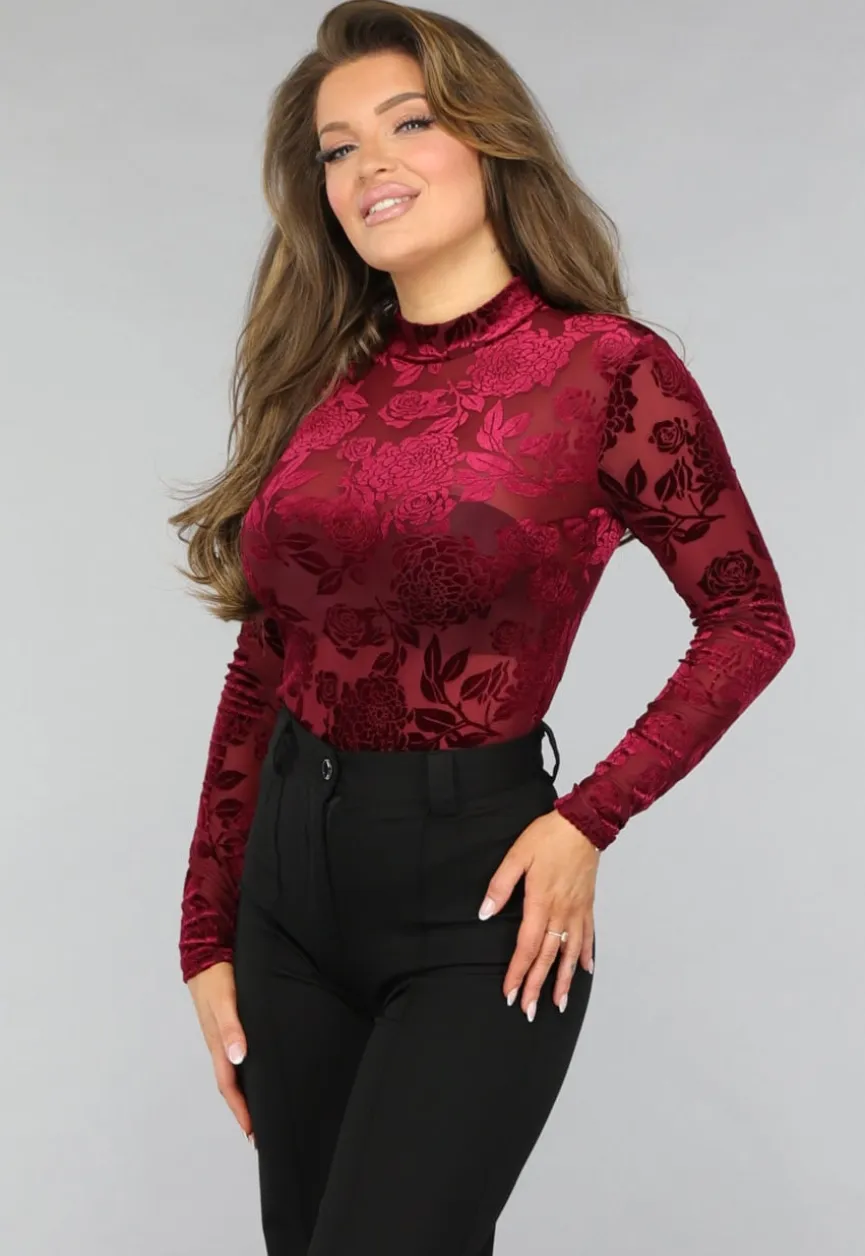 Bordeaux Rode Velvet Bloemen Bodysuit