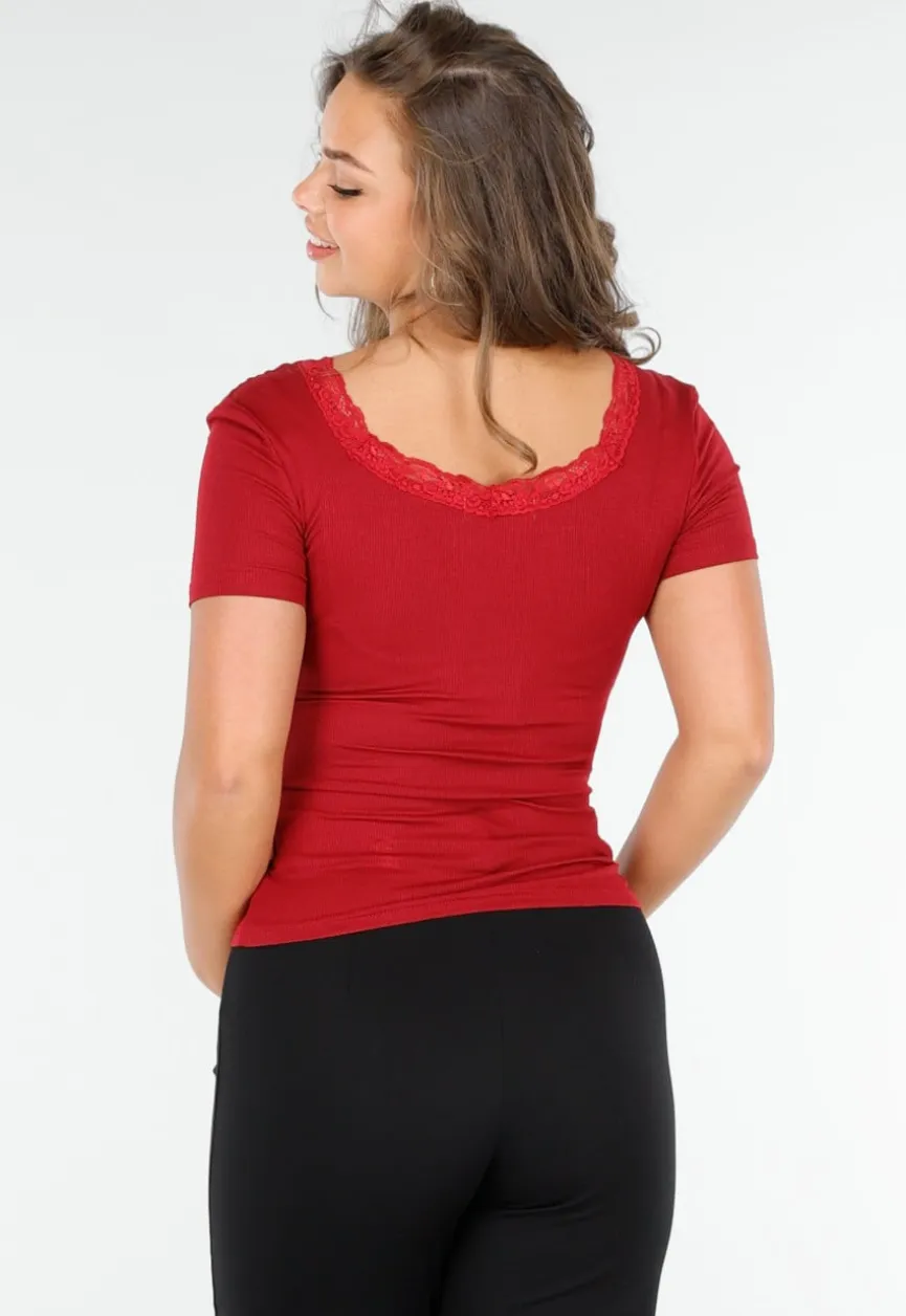 Bordeauxrood Aansluitend T-Shirt met Vierkante Hals en Kant