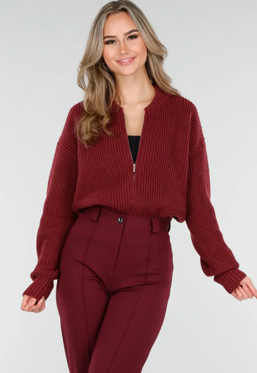 Bordeauxrood Ribgebreid Vest met Rits