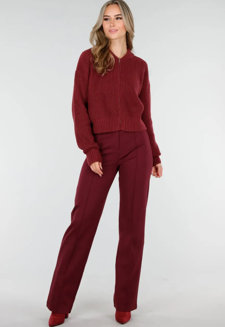 Bordeauxrood Ribgebreid Vest met Rits