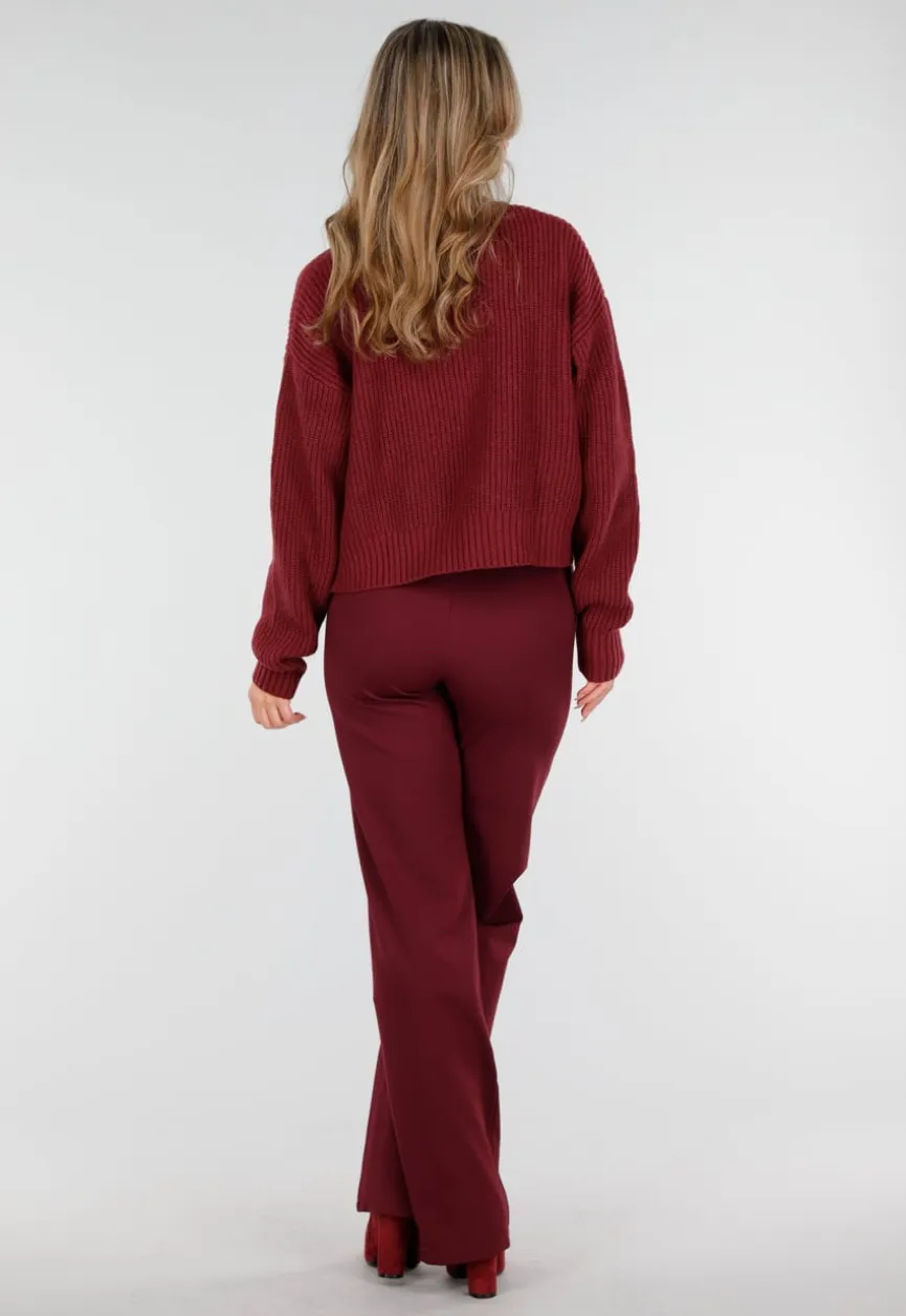 Bordeauxrood Ribgebreid Vest met Rits