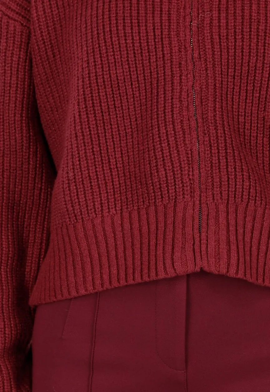 Bordeauxrood Ribgebreid Vest met Rits
