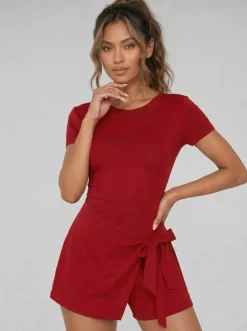 Bordeaux Rood Sport Skort Jurkje met Open Rug en Strikdetail