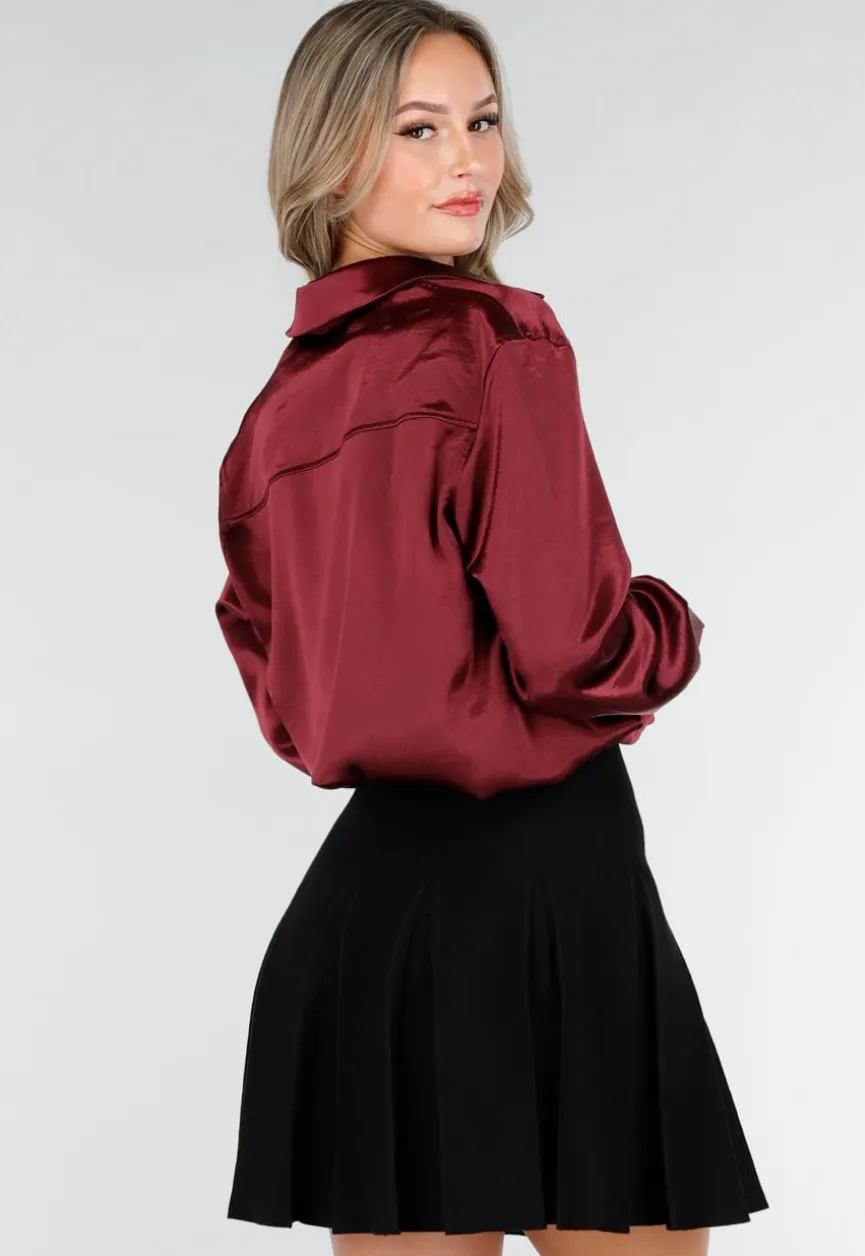 Bordeaux Satijnlook Blouse met Lange Mouwen en Knoopsluiting