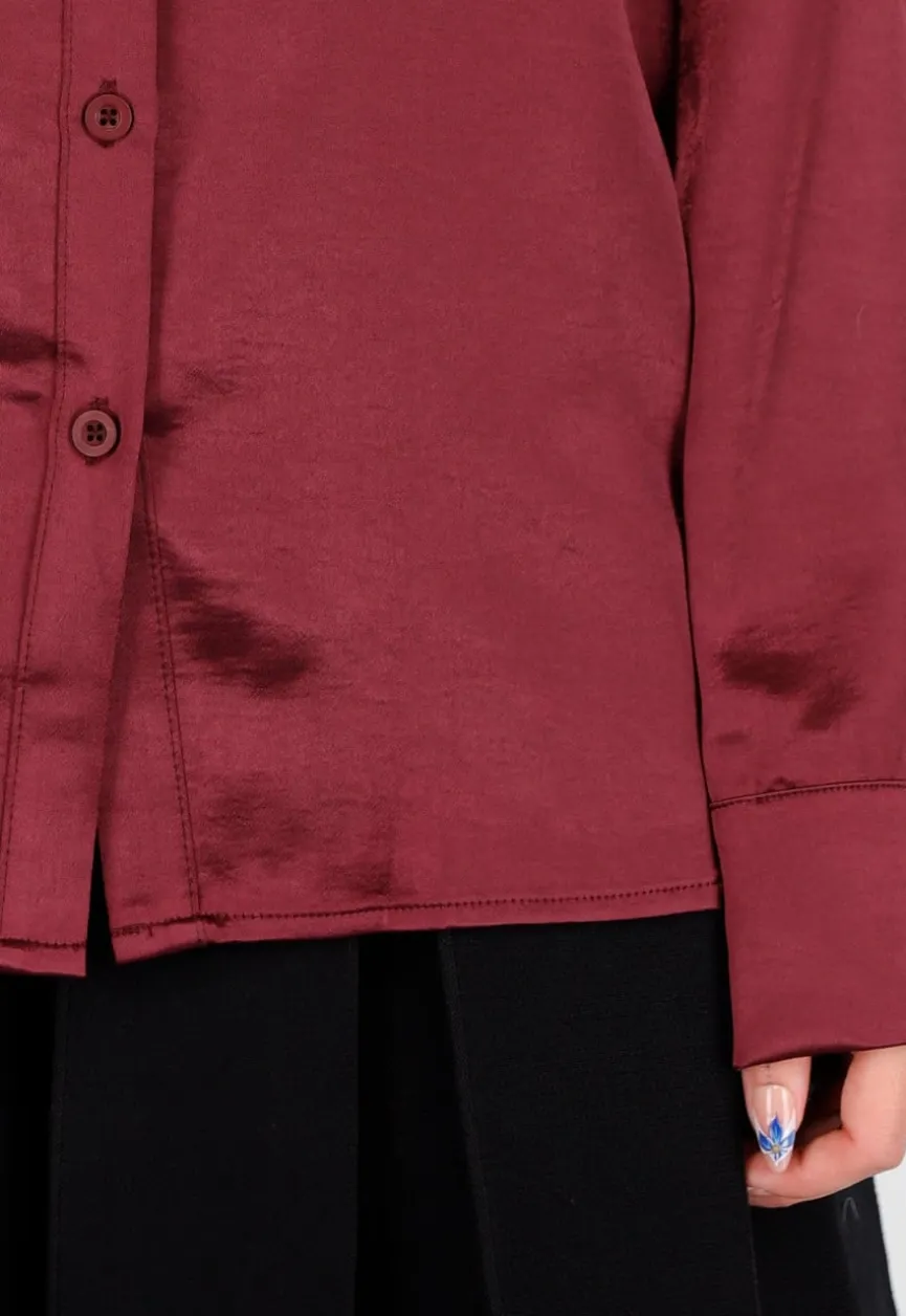 Bordeaux Satijnlook Blouse met Lange Mouwen en Knoopsluiting