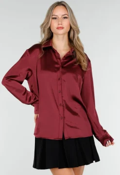 Bordeaux Satijnlook Blouse met Lange Mouwen en Knoopsluiting