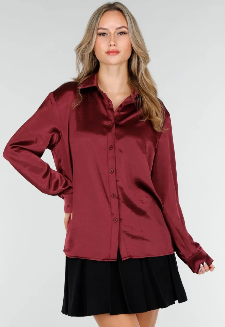 Bordeaux Satijnlook Blouse met Lange Mouwen en Knoopsluiting