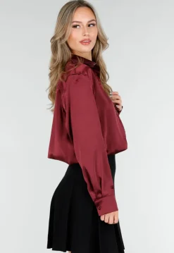 Bordeaux Satijnlook Blouse met Lange Mouwen en Knoopsluiting