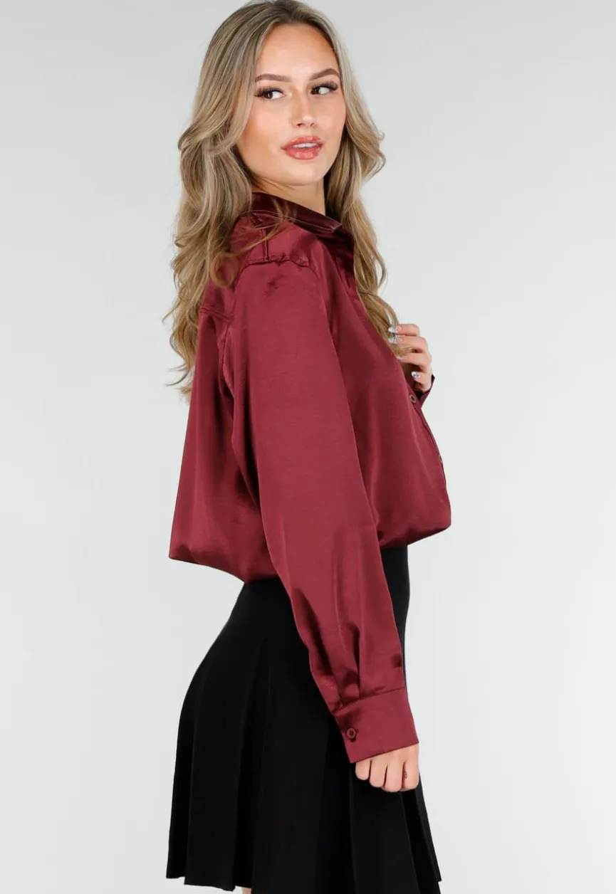 Bordeaux Satijnlook Blouse met Lange Mouwen en Knoopsluiting