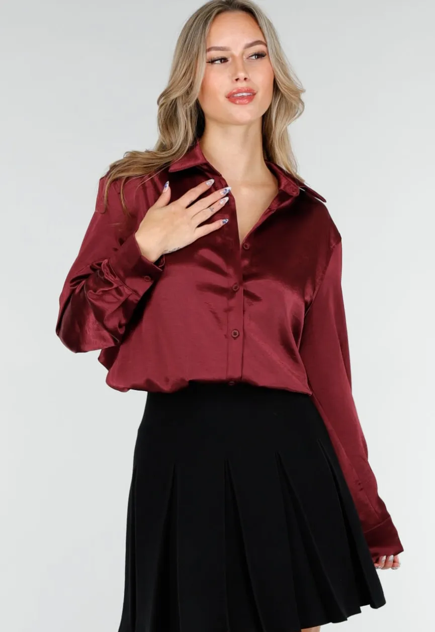 Bordeaux Satijnlook Blouse met Lange Mouwen en Knoopsluiting