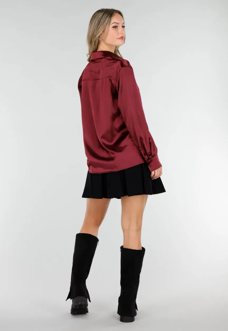 Bordeaux Satijnlook Blouse met Lange Mouwen en Knoopsluiting