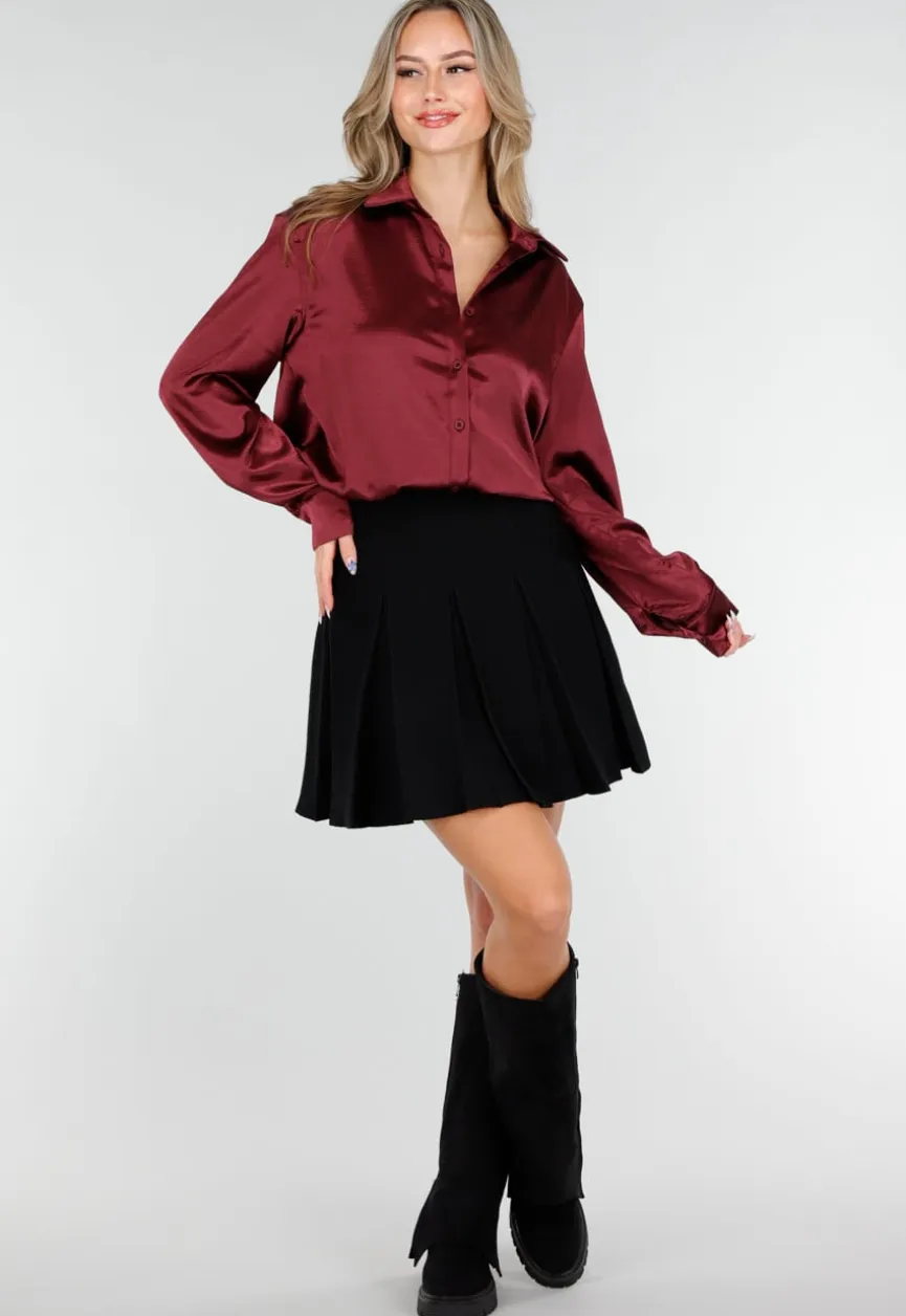 Bordeaux Satijnlook Blouse met Lange Mouwen en Knoopsluiting
