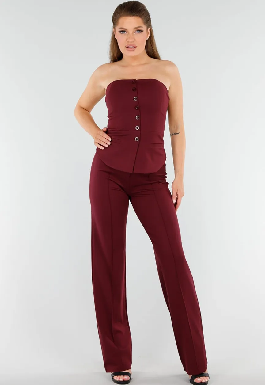 Bordeaux Strapless Korsettop met Knopen en Giletlook