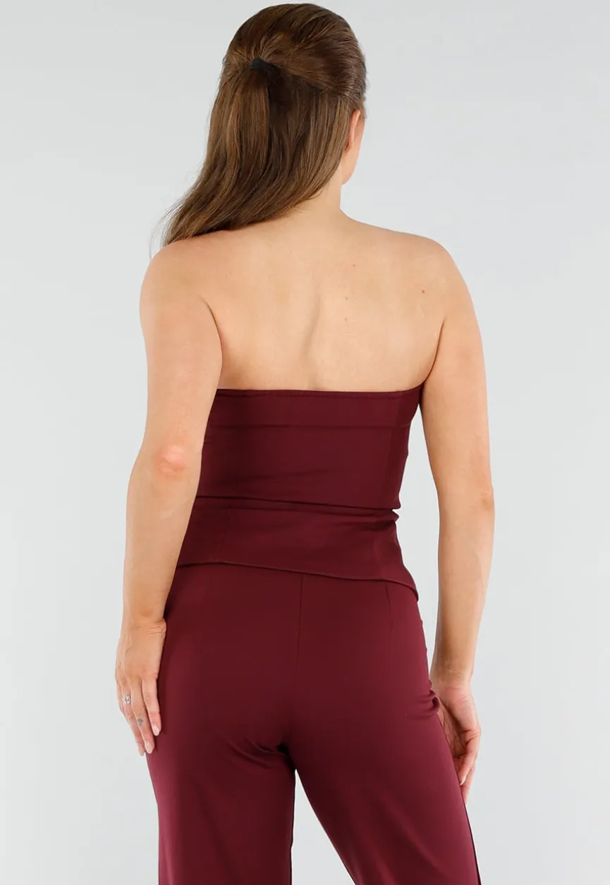 Bordeaux Strapless Korsettop met Knopen en Giletlook