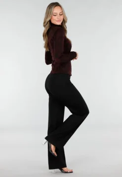 Bordeaux Stretch Top met Lange Mouwen en Col