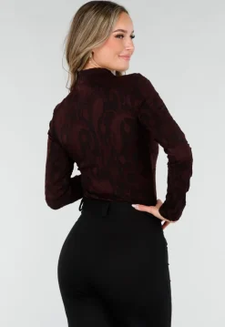 Bordeaux Stretch Top met Lange Mouwen en Col