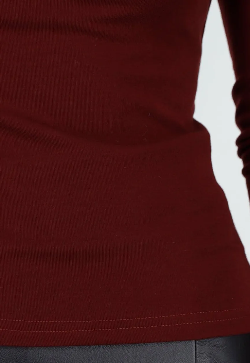 Bordeaux Top met Col en Lange Mouw