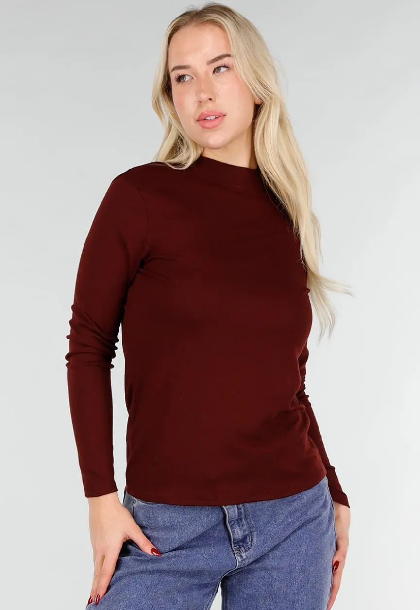 Bordeaux Top met Lange Mouwen en Col