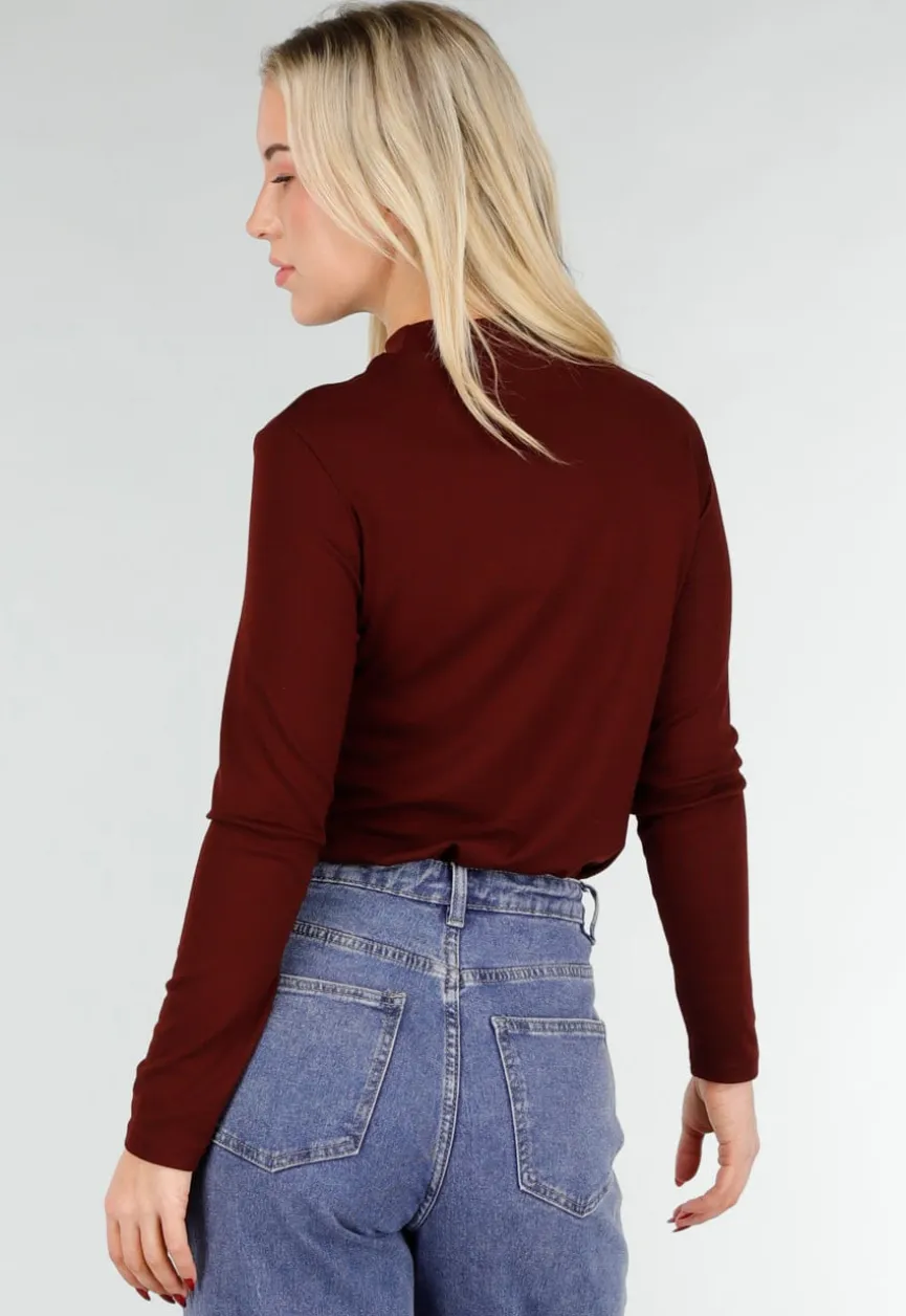 Bordeaux Top met Lange Mouwen en Col
