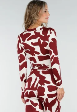 Bordeaux-Witte Stretch Jumpsuit met Print en Strikceintuur