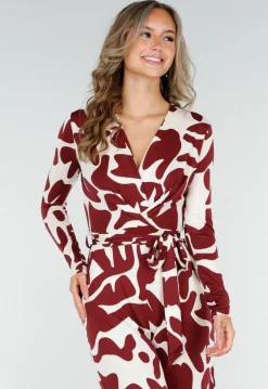Bordeaux-Witte Stretch Jumpsuit met Print en Strikceintuur