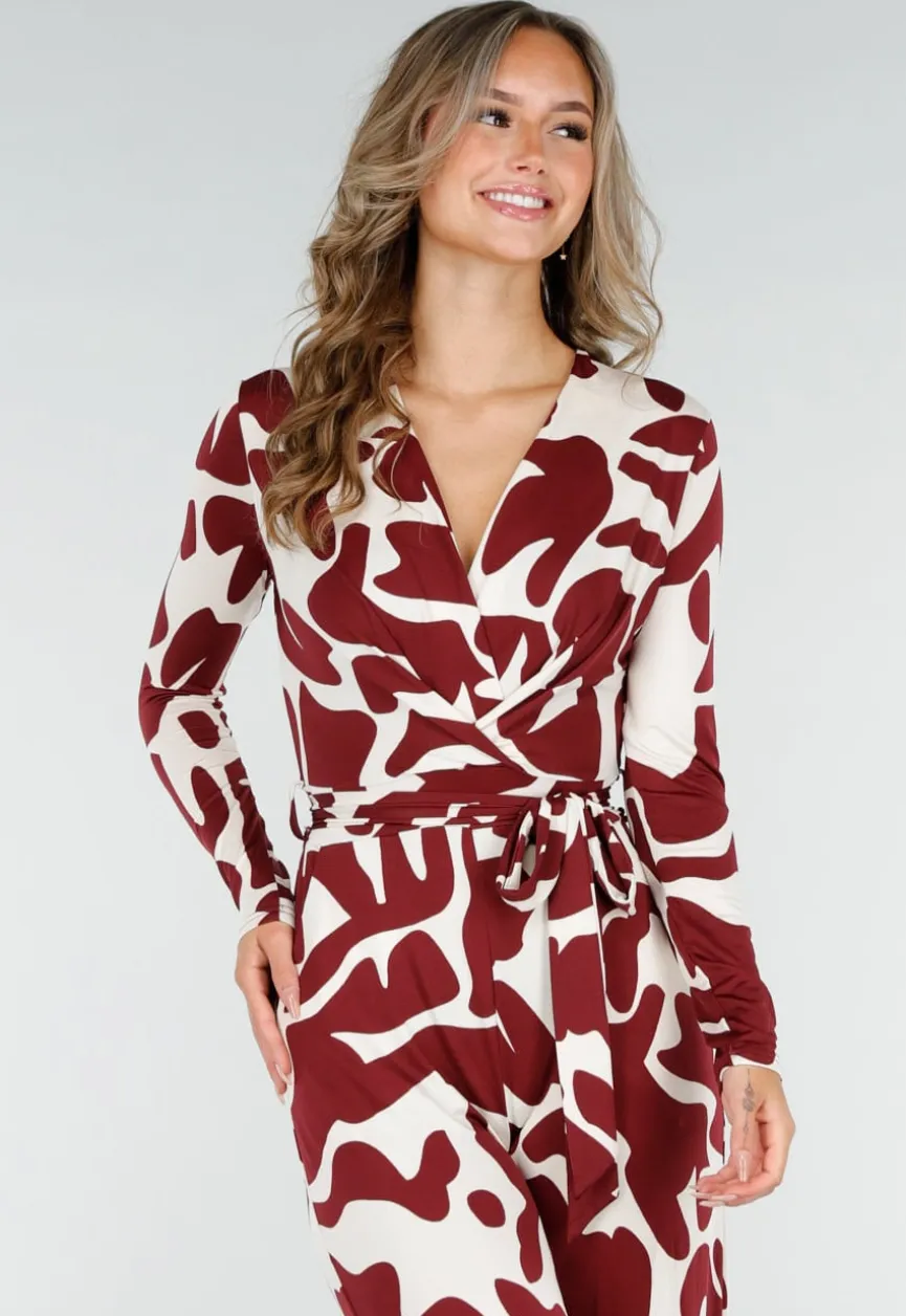Bordeaux-Witte Stretch Jumpsuit met Print en Strikceintuur