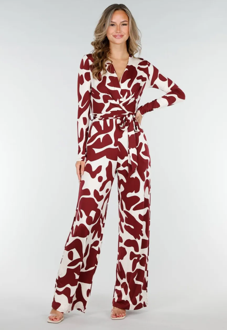 Bordeaux-Witte Stretch Jumpsuit met Print en Strikceintuur