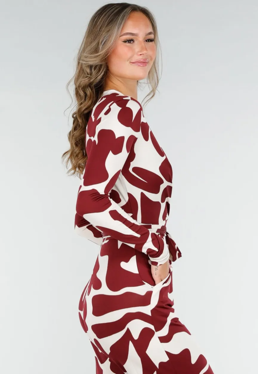Bordeaux-Witte Stretch Jumpsuit met Print en Strikceintuur