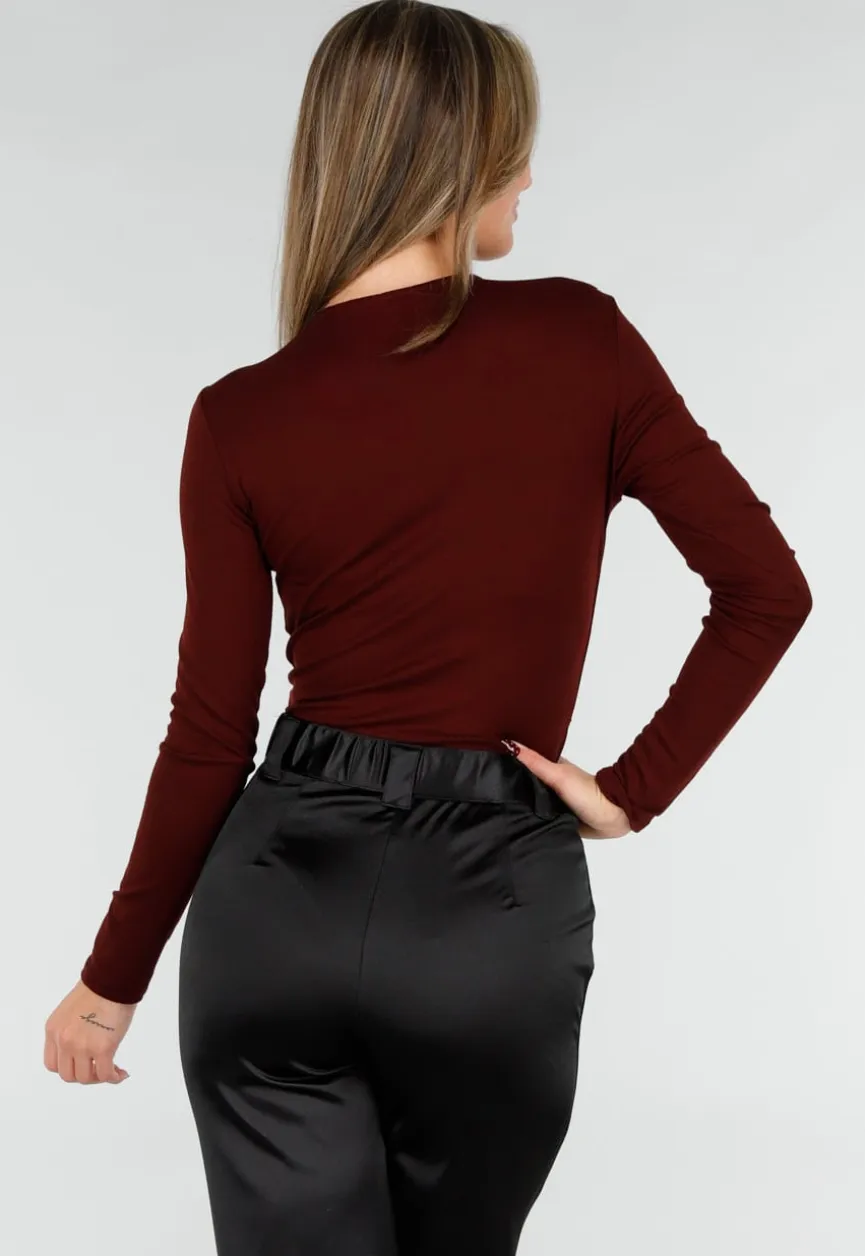 Bordeaux Wrap Bodysuit met Lange Mouw