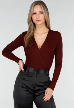 Bordeaux Wrap Bodysuit met Lange Mouw