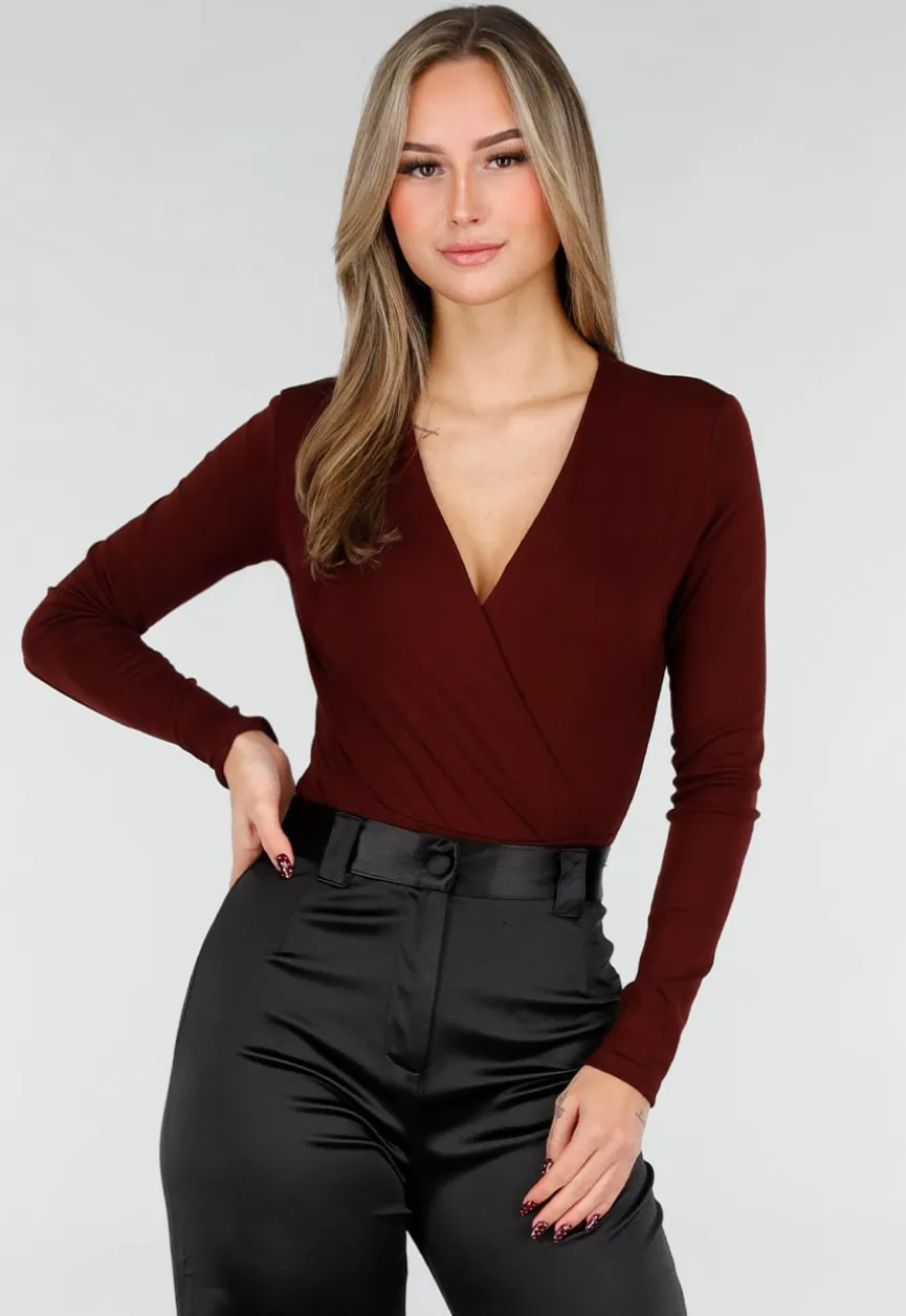 Bordeaux Wrap Bodysuit met Lange Mouw