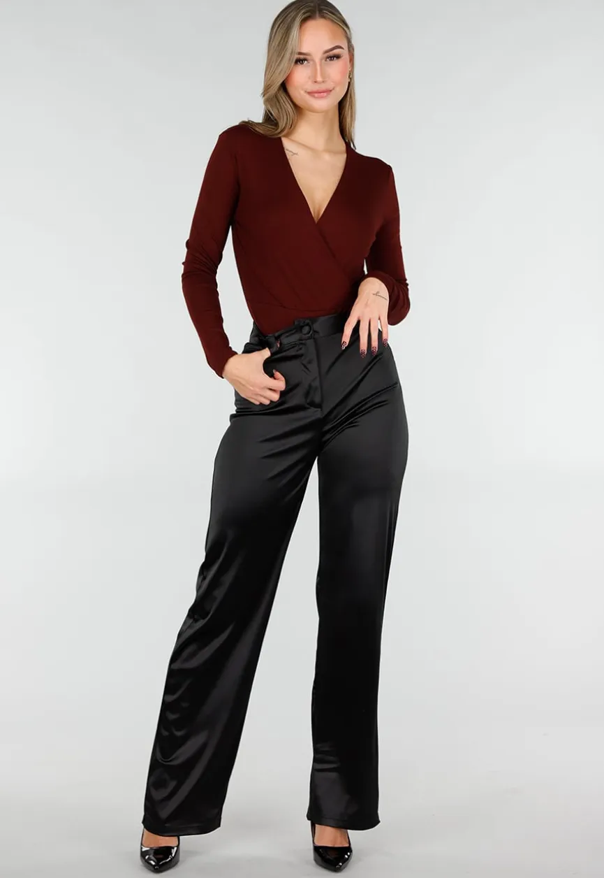 Bordeaux Wrap Bodysuit met Lange Mouw