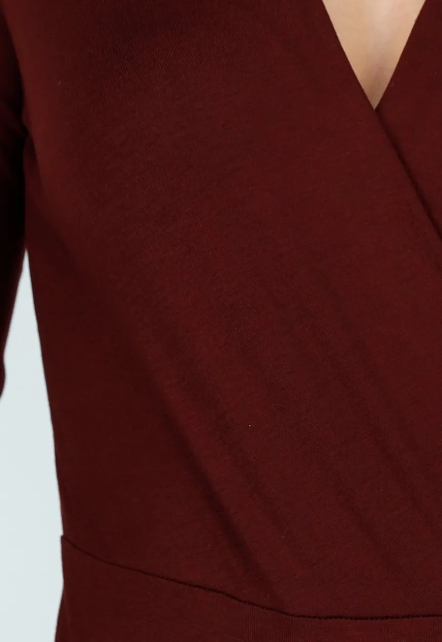 Bordeaux Wrap Bodysuit met Lange Mouw