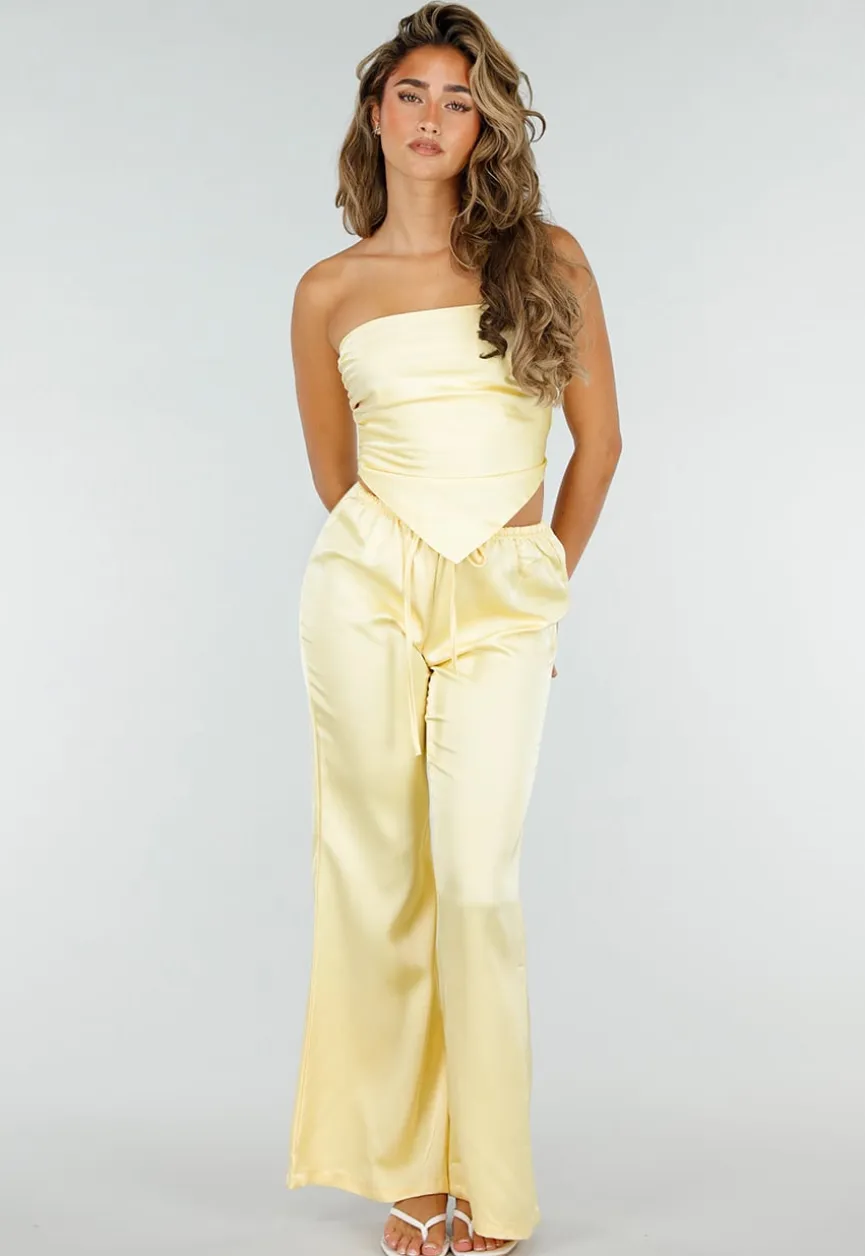 Botergele Satijnen Set met Bandeau Top En Wijde Broek