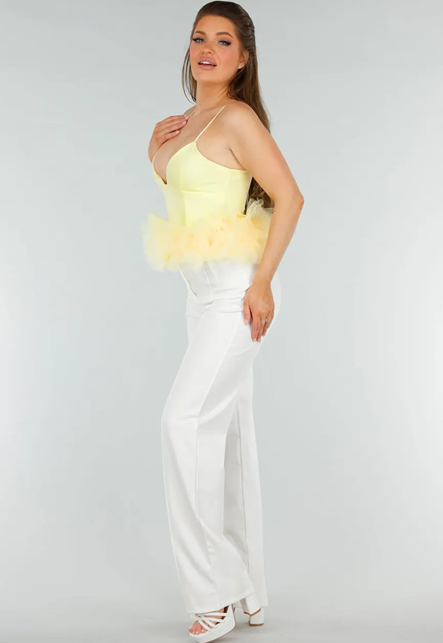 Botergele Tanktop met V-Hals en Tule Onderzijde met Stretch