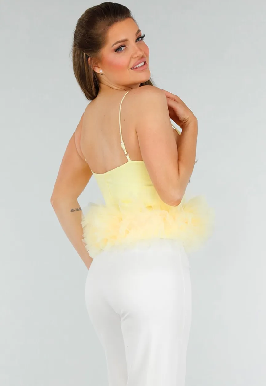 Botergele Tanktop met V-Hals en Tule Onderzijde met Stretch