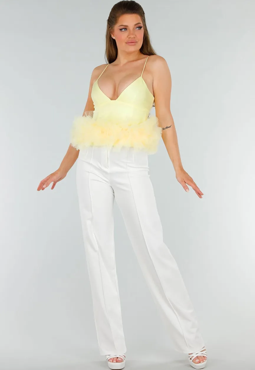 Botergele Tanktop met V-Hals en Tule Onderzijde met Stretch