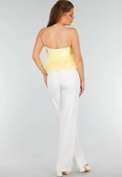 Botergele Tanktop met V-Hals en Tule Onderzijde met Stretch