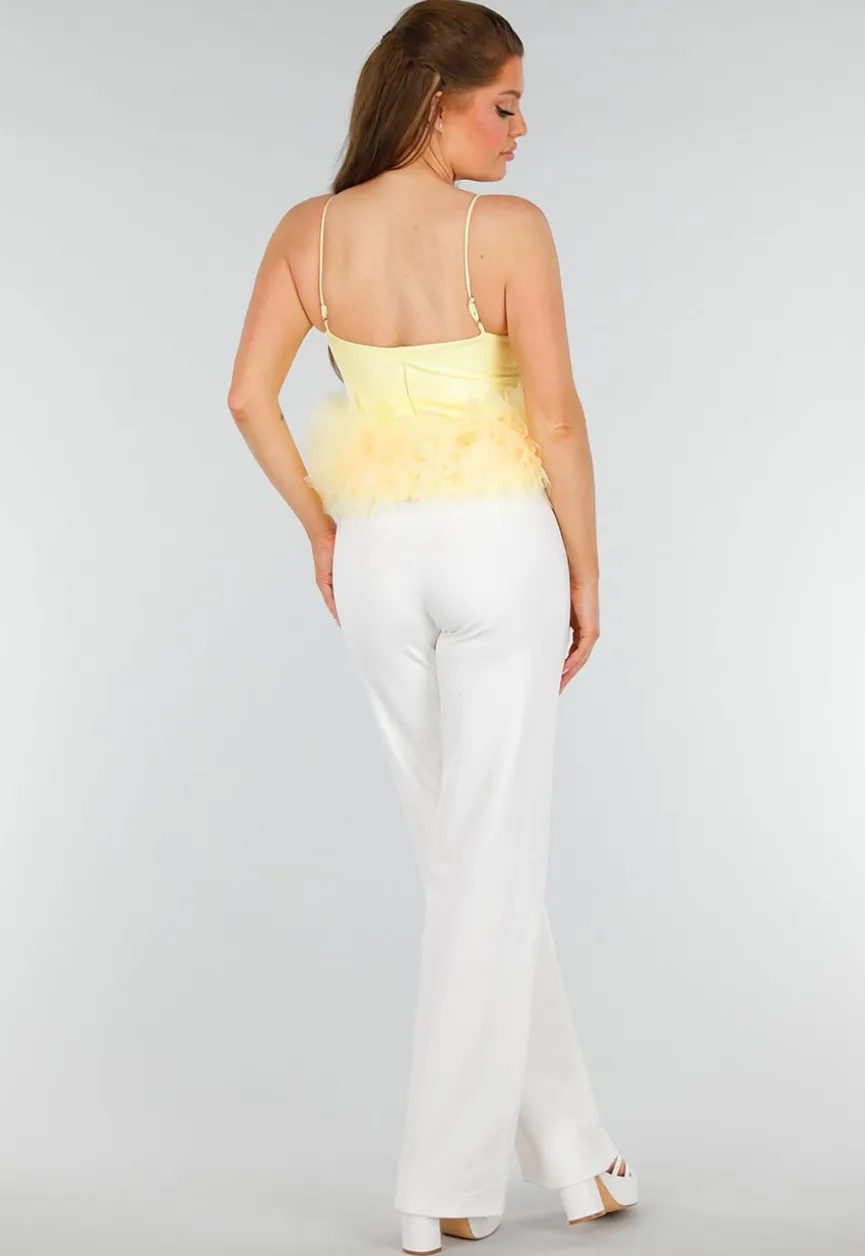 Botergele Tanktop met V-Hals en Tule Onderzijde met Stretch