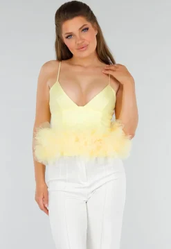 Botergele Tanktop met V-Hals en Tule Onderzijde met Stretch