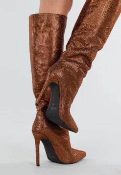 Bronzen Kniehoge Laarzen met All Over Strass en Hoge Naaldhak