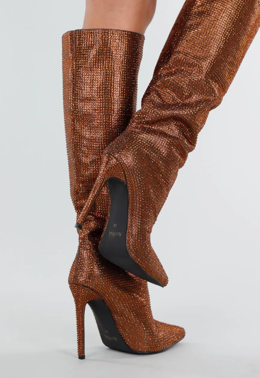 Bronzen Kniehoge Laarzen met All Over Strass en Hoge Naaldhak